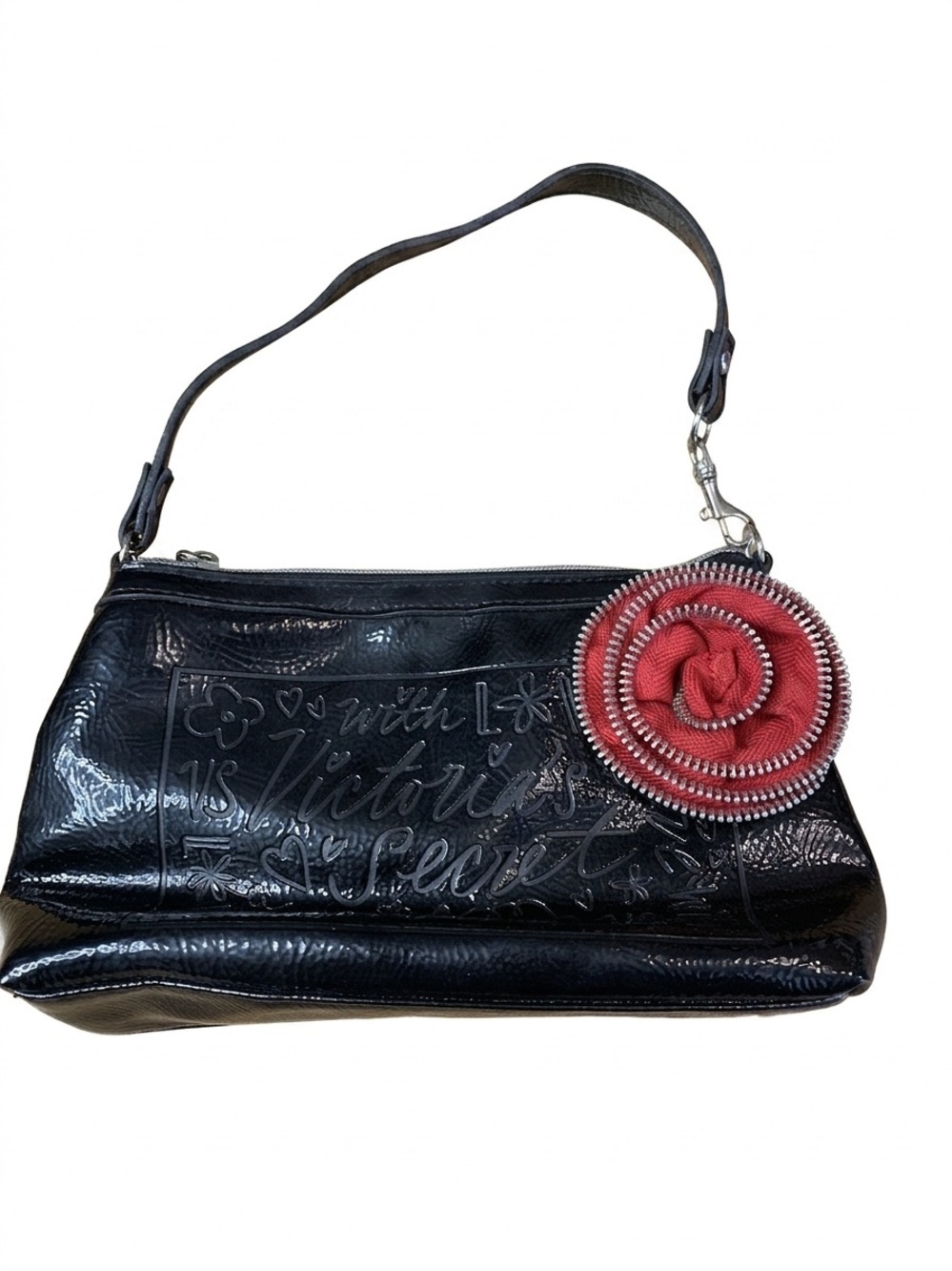 Vintage Victoriaโs Secret Black Patent Clutch with Red Rose Zipper Pull
